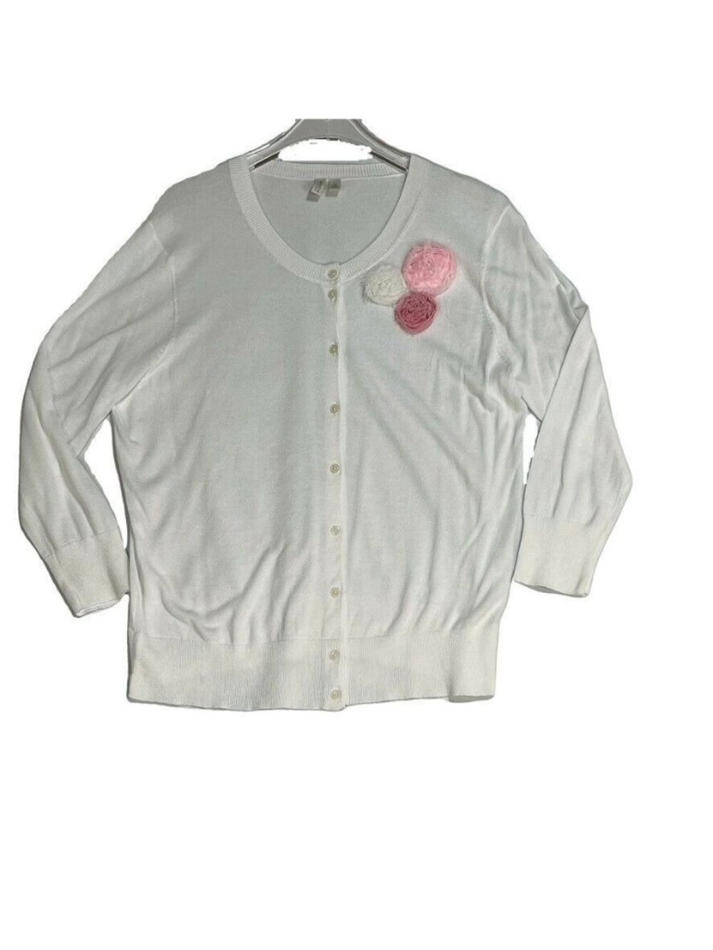 Madison Womens White Cardigan With Floral Appliqué Size L Cotton & Nylon